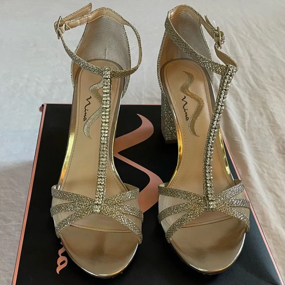 Nina Haviva Rhinestone T-Strap Heels | Gold | Size 8.5